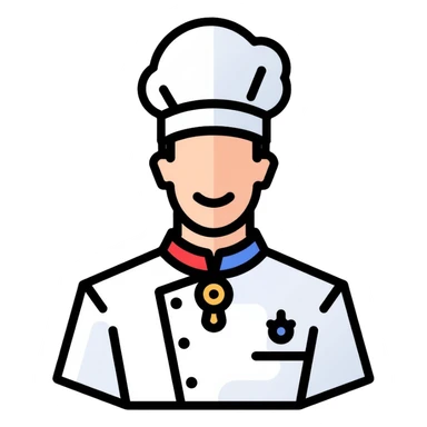 a pastry chef wearing the official uniform of Meilleurs Ouvriers de France (MOF) with a distinctive blue, white, and red collar, white chef coat, chef's hat, and medal sticker