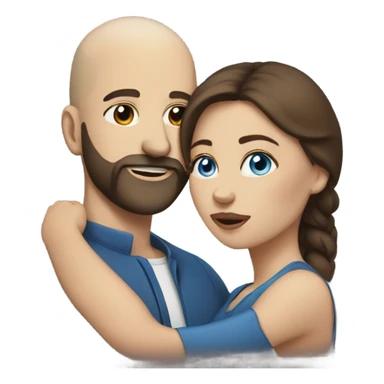 dark brown haired woman with blue eyes kissing bald man with beard sticker