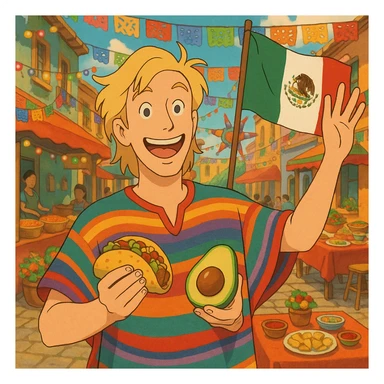 cartoon of a tall blonde American in a colorful poncho, smiling, holding a taco and avocado, waving a Mexico flag, festive street party background with food and decorations sticker