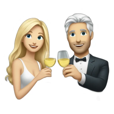 A white woman with brown eyes and blond medium long hair and a white man with blue eyes and grey hair, toasting with a glass of white wine sticker
