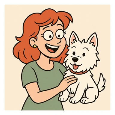 red headed woman with a Westie dog, cartoon style, cheerful atmosphere sticker