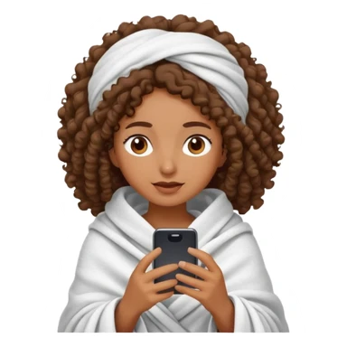 Perempuan berkulit coklat, berambut ikal, memakai selimut menutupi kepala sambil bermain hp sticker