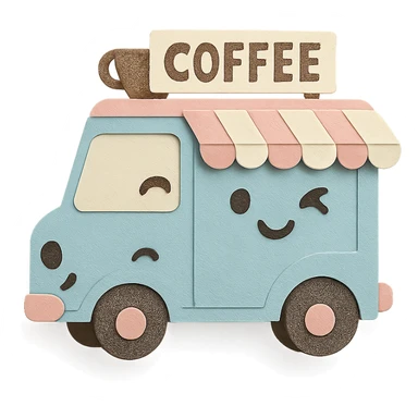 adorable mobile coffee truck, full body, pastel colors, winking sticker