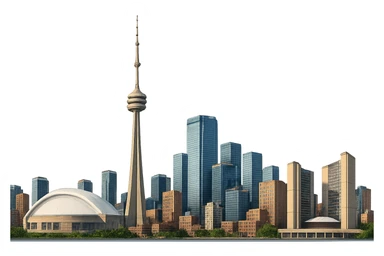 cinematic, realistic emoji of Toronto skyline with iconic landmarks such as the CN Tower, Rogers Centre, and Toronto City Hall, lifelike detail, accurate colors, bright lighting, wide city view, fully transparent background sticker