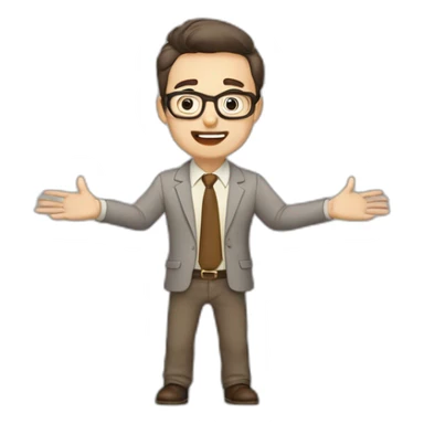 To belt Actively gesturing with hands 👌 Pale skinned fit man with dark brown hair in gray jacket, beige office shirt, brown tie, brown pants and vintage glasses. sticker