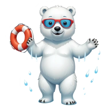 full body friendly anthropomorphised polar bear smiling, wearing colorful swim shorts and swim goggles, standing in a small puddle, holding a red and white life buoy sticker