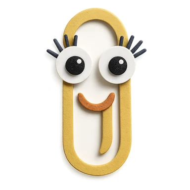 a smiling paperclip with googly eyes and prominent eyelashes, fun and friendly sticker