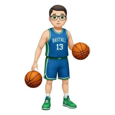 Full Body plus size tall white male with dark short hair basketball player wearing glasses wearing blue  with green uniform sticker