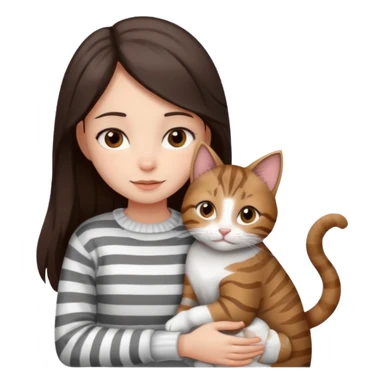 a girl with long dark brown hair, in a
white sweater and brown eyes, hugs a tabby
grey and white strips one cat. sticker