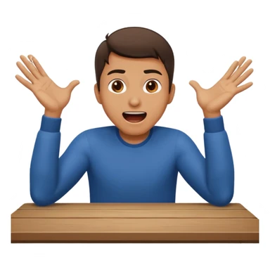 man sitting at a table, shouting, hands on the table, leaning forward, working, energetic sticker