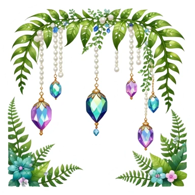 Exotic romantic Few cute tiny Iridescent glistening glossy sparkly shiny glittery hanging crystals pearls and beads and gemstones scenery scenic decorations with vines and ferns and flowers sticker