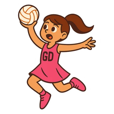 girl with brown hair in a pink netball dress, mid-air, shooting a netball, action pose, no background sticker
