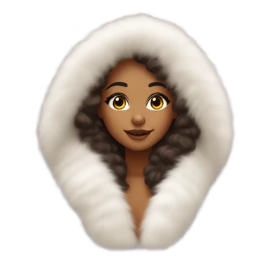 Tanned Girl with lashes ,  in an extremely big fluffy oversized white fur coat with hood on. The fur is real and it’s very obvious big and fluffy like in Pinterest  sticker