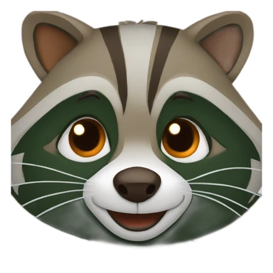 brown raccoon with orange eyes and a dark green hood that is smiling sticker
