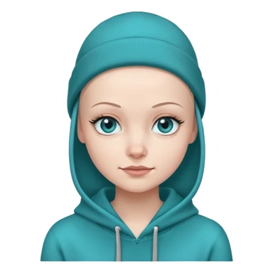 girl with no hair wearing a black beanie  and a teal hoodie. she has blue eyes, long lashes and is smirking sticker