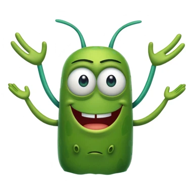 Plankton from Spongebob, arms crossed, smirking, green, one eye sticker