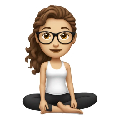 White girl with wavy brown hair, brown eyes and black glasses doing yoga sticker