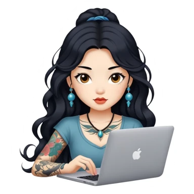 beautiful girl, with tattoos, with long black hair, wavy hair, chinese, with laptop sticker