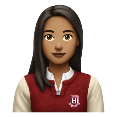 Girl with dark brown hair and tan white skin wearing a crimson and white sweater with the black crimson and white Harvard University logo on it  sticker