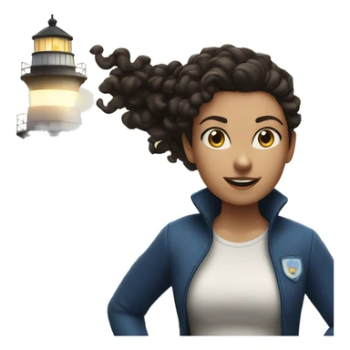 White woman with blue eyes and dark curly hair in a ponytail running with a lighthouse in front of her sticker