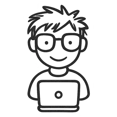 computer nerd icon, thick glasses, messy hair, playful, hand-drawn black outline style sticker