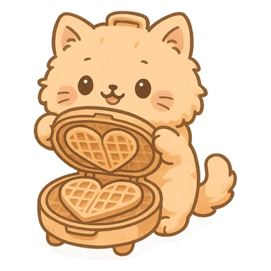 chibi style soft fluffy cat as a waffle maker, showing heart-shaped waffles, pastel orange, full-body sticker