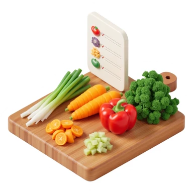 Ingredients on teh wooden cutting board with floating list with check box sticker