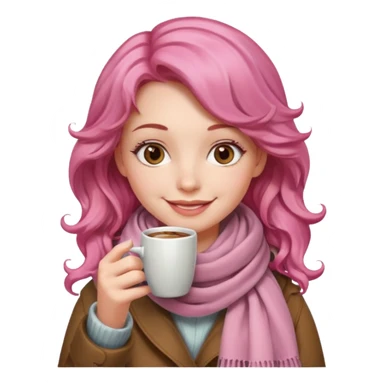 a girl with pink wavy hair, having scarf,  drink coffee, enjoy sticker