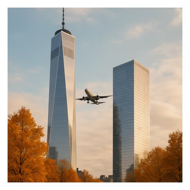 two skyscrapers and a plane that flyes to them, realism style, autumn sticker