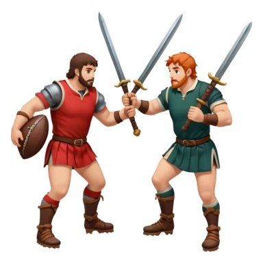 Batalla medieval protagonizada por jugadores y jugadoras de rugby con botas de rugby agarrando armamento y balones sticker