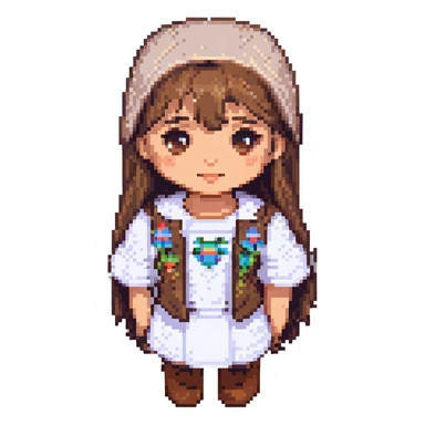 happy girl with medium straight brown hair, light skin tone, pixel art style sticker