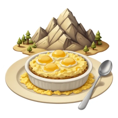 a deep dish plate with a yellowish food in it,  in a bit of small small lumps and very dry, small mountain. with a bit of applesauce on top on the side and a spoon sticking out sticker
