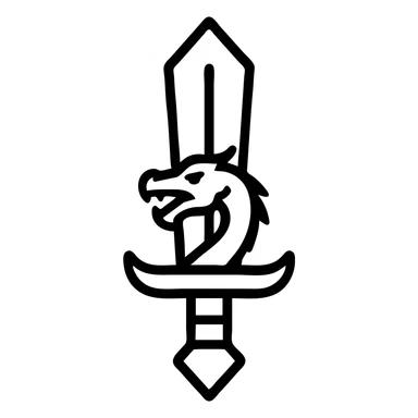 Add a dragon motif to the sword in cartoon outline style. The dragon design should be integrated into the hilt or blade with no background, maintaining clear and bold outlines. sticker