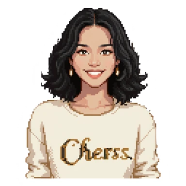 A woman with shoulder-length black hair, light to medium skin tone, full cheeks, and almond-shaped eyes, wearing a white sweater with the word 'cheers' in gold script, lying comfortably on a bed with soft lighting, joyful and radiant expression sticker