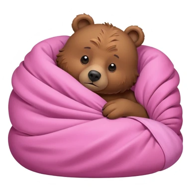 A brown bear lying on its side in a pink bed, curled up under the covers, trying to get comfortable. sticker