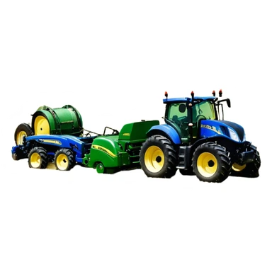 Baler – New Holland Roll-Belt 560 (2018) – Cinematic-realistic John Deere 6155M tractor towing a New Holland Roll-Belt 560 baler, its deep green body contrasting with the bright blue baler. The massive machine moves steadily through golden fields, compressing freshly cut hay into tight round bales, while dust swirls under the blazing afternoon sun. sticker