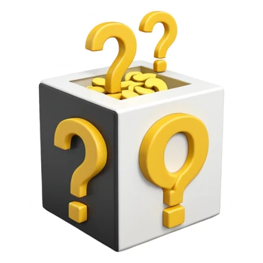 white cube shaped box printed with "q&a" over stuffed with yellow question marks sticker