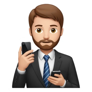 Un hombre con un poco de barba,  de traje con tez clara pelo color castaño, vestido con traje camisa y corbata y celular en mano .  sticker