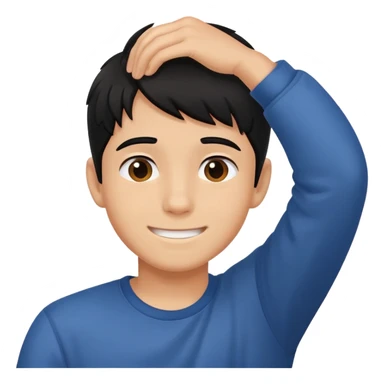 embarrassed smiling boy with hand behind head and black hair sticker