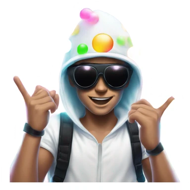 Caucasian boy at rave wearing a black mask and sunglasses a white glowing outfit and glowing hat with bubble guns in each hand with bubbles all around sticker