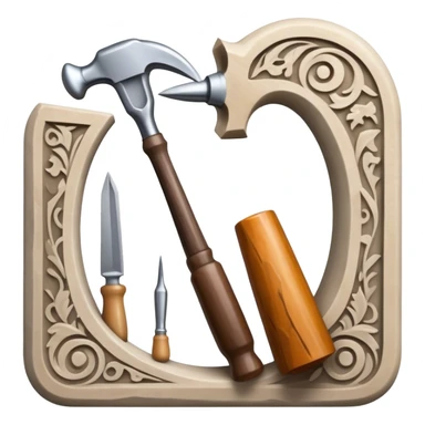 Carving icon, stone, bone, and horn with detailed patterns, carving tools like chisel, awl and hammer, minimalistic style, clean lines, transparent background. sticker