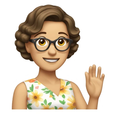 brunette white lady in flowery dress wearing glasses and waving  sticker