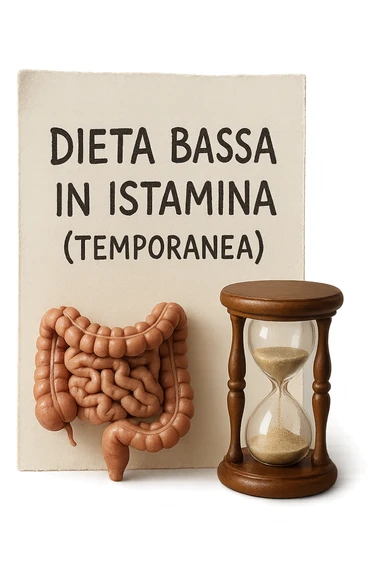 foglio di carta di una dieta con la scritta "DIETA BASSA IN ISTAMINA (TEMPORANEA), E ACCANTO CI METTI UN INTESTINO IN MINIATURA E UNA CLESSIDRA, iperrealistico 4k sticker