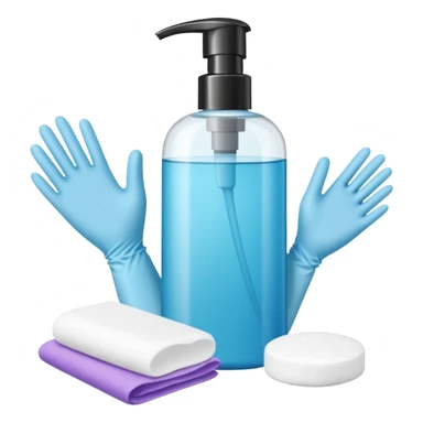 big (1L) bottle of shampoo, disposable gloves and cotton pads (for makeup) are standing on a table sticker