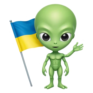 Green alien with Ukraine flag sticker
