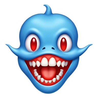a toothed blue creature with a red mouth sticker