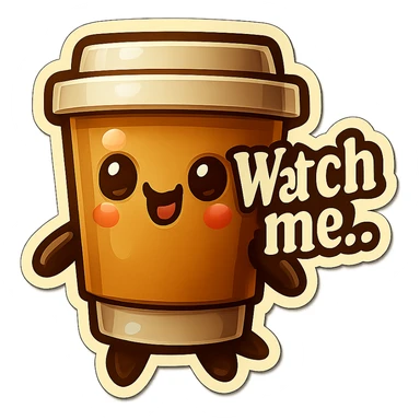 Tall coffee cup, giggling, mischievous eyes, "Watch me..." sticker