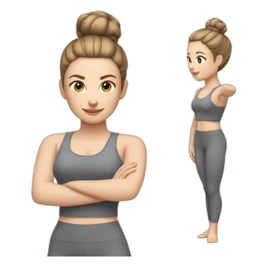 Pale skinned fit woman In a gray tight yoga suit and wristbands With brown hair in a bun  sticker