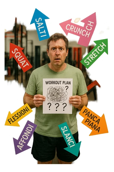 a person stands in the center of a gym, surrounded by arrows pointing in all directions, each labeled with a different exercise (e.g., “squat,” “Salti,” “stretch,” “Panca Piana”). The person looks bewildered, holding a workout plan with scribbles and question marks. The scene is colorful but visually messy, symbolizing confusion. in italiano immagine iperrealistica sticker