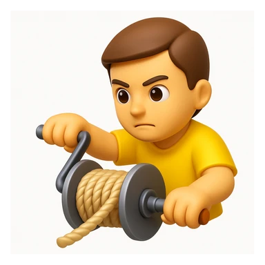 A 3D emoji in iOS emoji aesthetic style of a person turning a side crank to wind a thick rope onto a metal spool, showing the winding motion clearly, focused expression, soft shadows, glossy Apple-style finish, clean white background. sticker